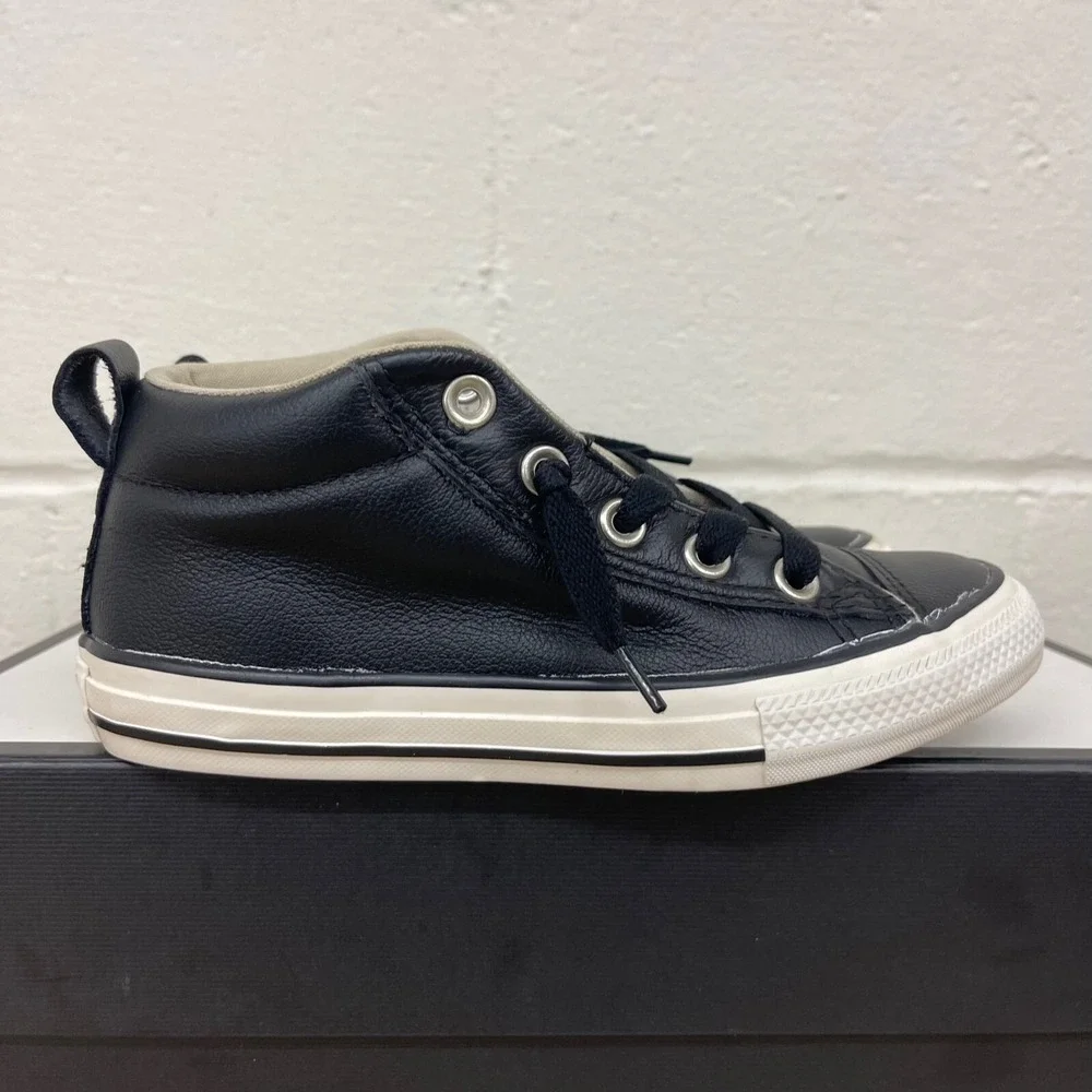Converse All Star Mid Sneakers Black Leather Lace up 632516C Youth Kids Size 2